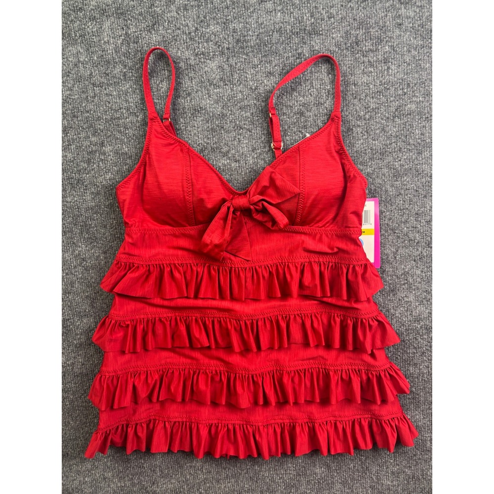 Betsey Johnson Tankini Swim Top Women Medium Red Tiered Ruffle Bow 2503512